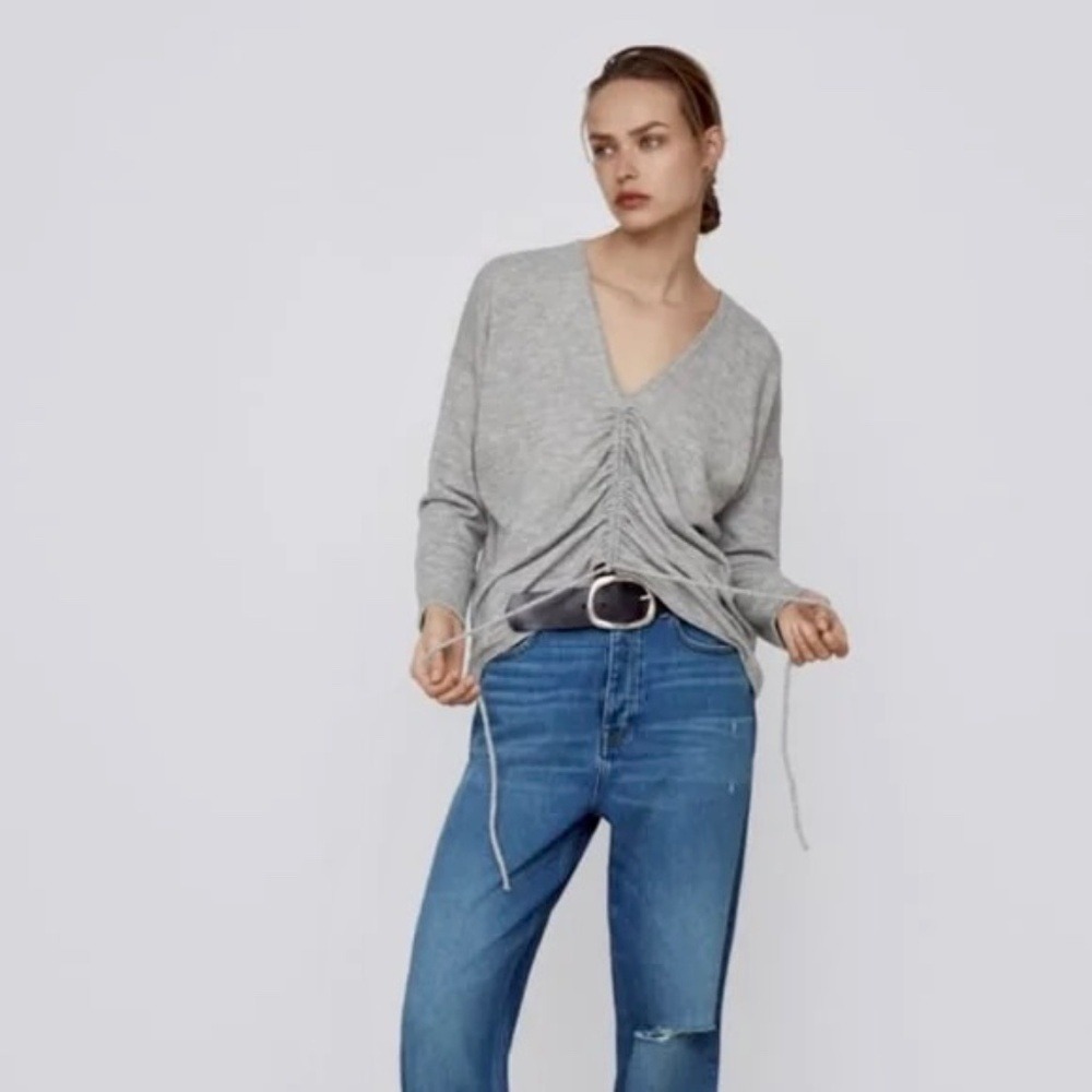 ZARA Heathered Gray Cinched Sweater V Neck Pullover Cinchable Cinched Top Large